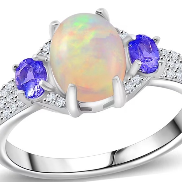 Ethiopian Welo Opal Tanzanite & Zircon 2.00 Carat Ring in Sterling Silver